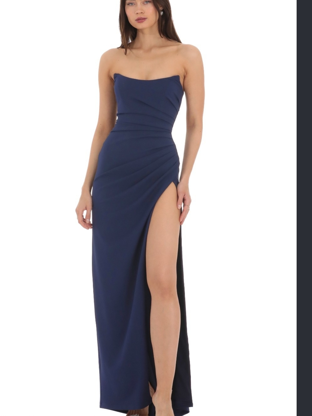 Lucy in the Sky Strapless Navy Blue Evening Gown with Thigh Slit